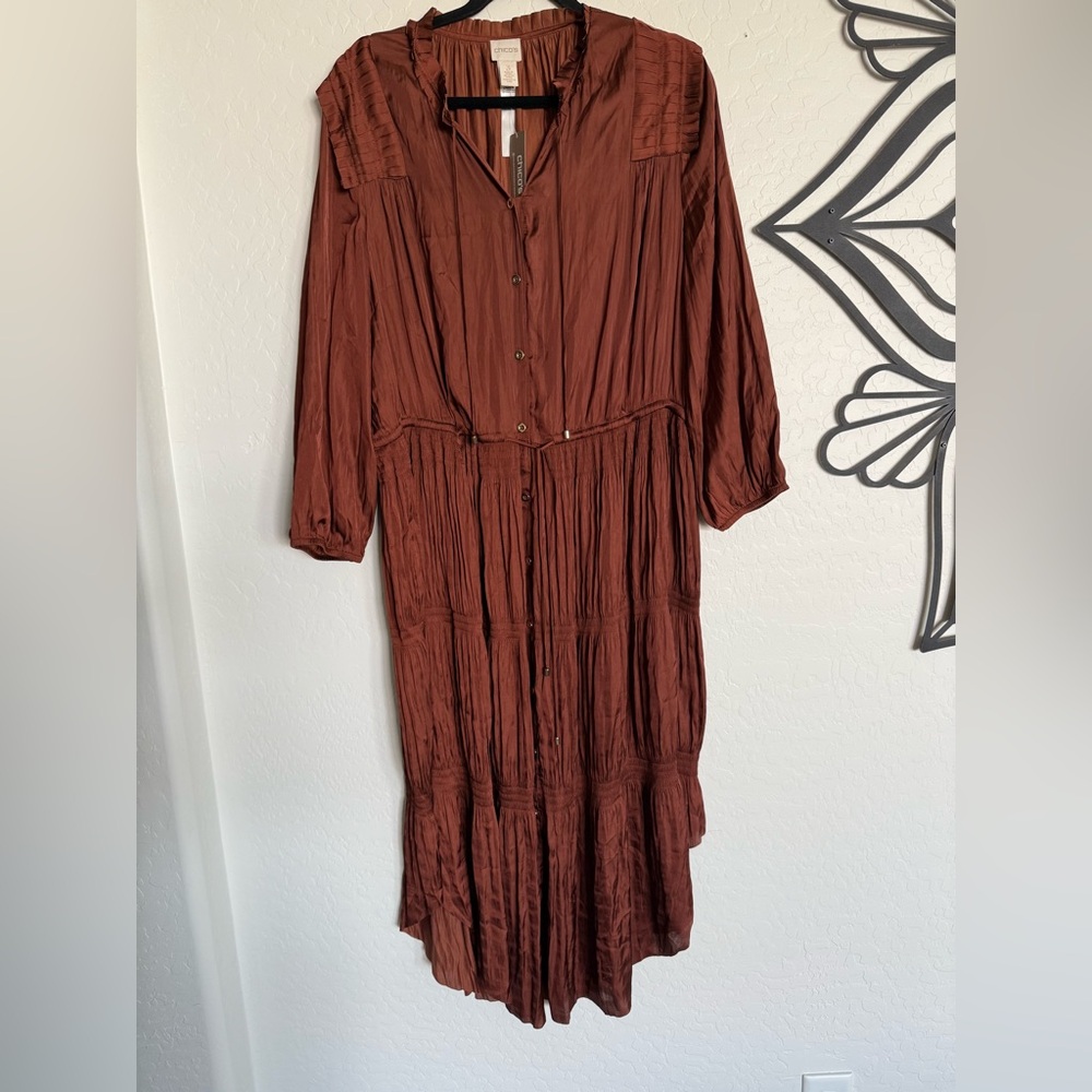 CHICO’S Wrinkle Pleat Dress in Rich Mahogany - NEW w/ Tags - Size 3 - Picture 3 of 8